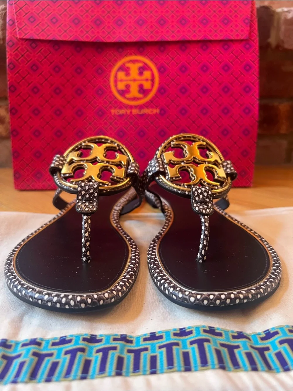 Tory Burch Black & White Leather Embossed Spotted Snake Metal Miller Sandals